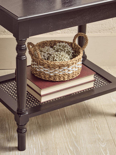 Orsina Heritage Black Wooden Coffee Table with Cane Shelf & Spindle Legs