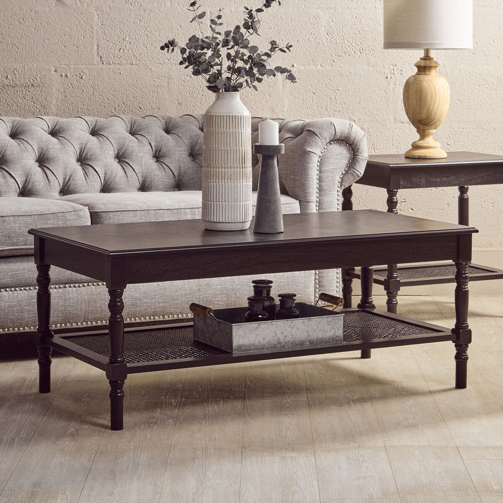Orsina Heritage Black Wooden Coffee Table with Cane Shelf & Spindle Legs