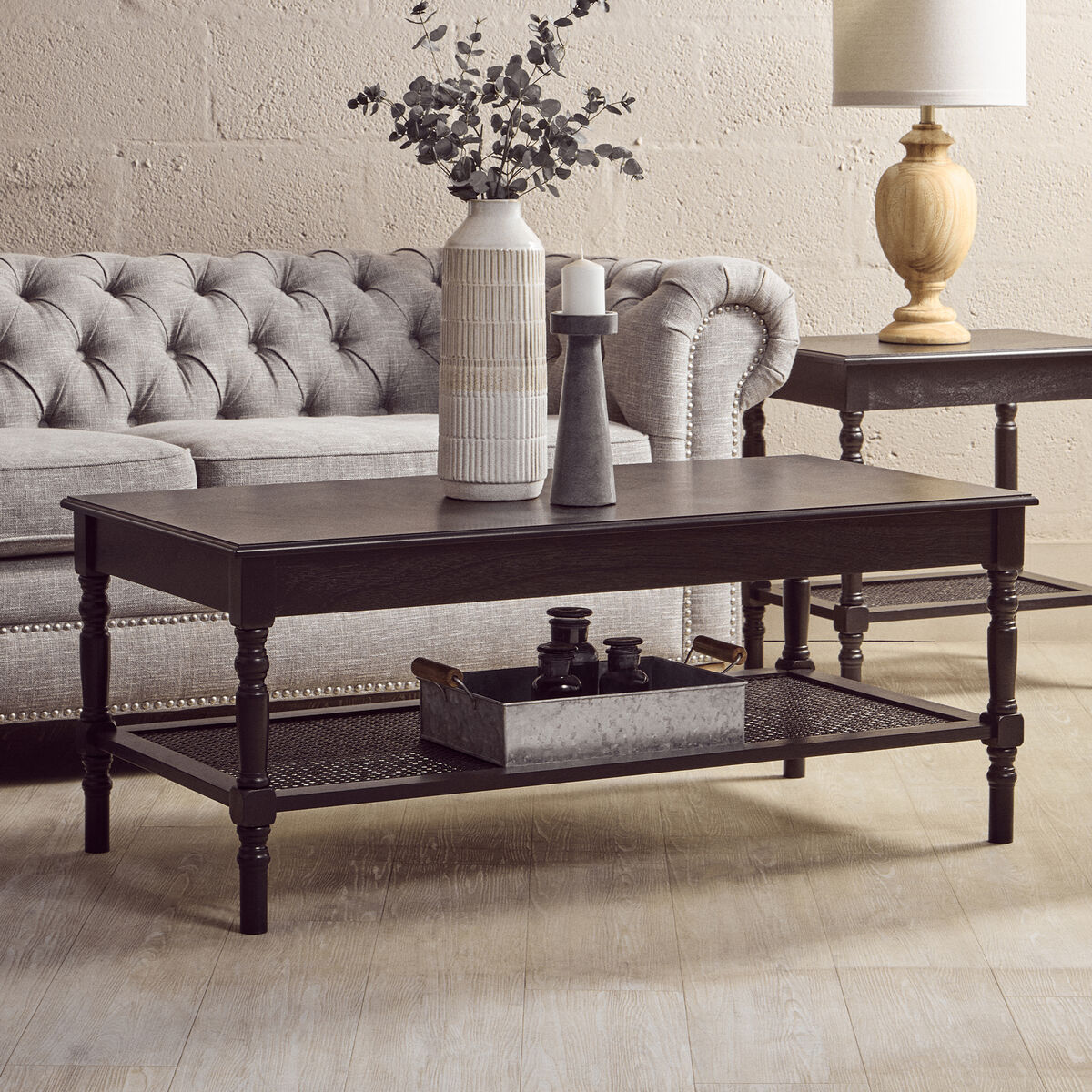 Orsina Heritage Black Wooden Coffee Table with Cane Shelf & Spindle Legs