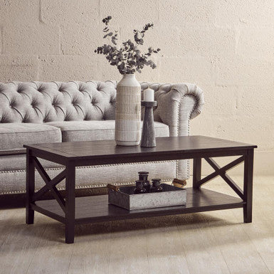 Orsina Heritage Black Wood Coffee Table – X-Frame with Lower Shelf