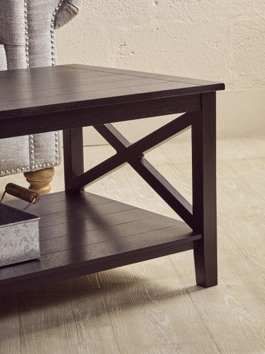 Orsina Heritage Black Wood Coffee Table – X-Frame with Lower Shelf