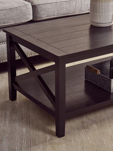 Orsina Heritage Black Wood Coffee Table – X-Frame with Lower Shelf