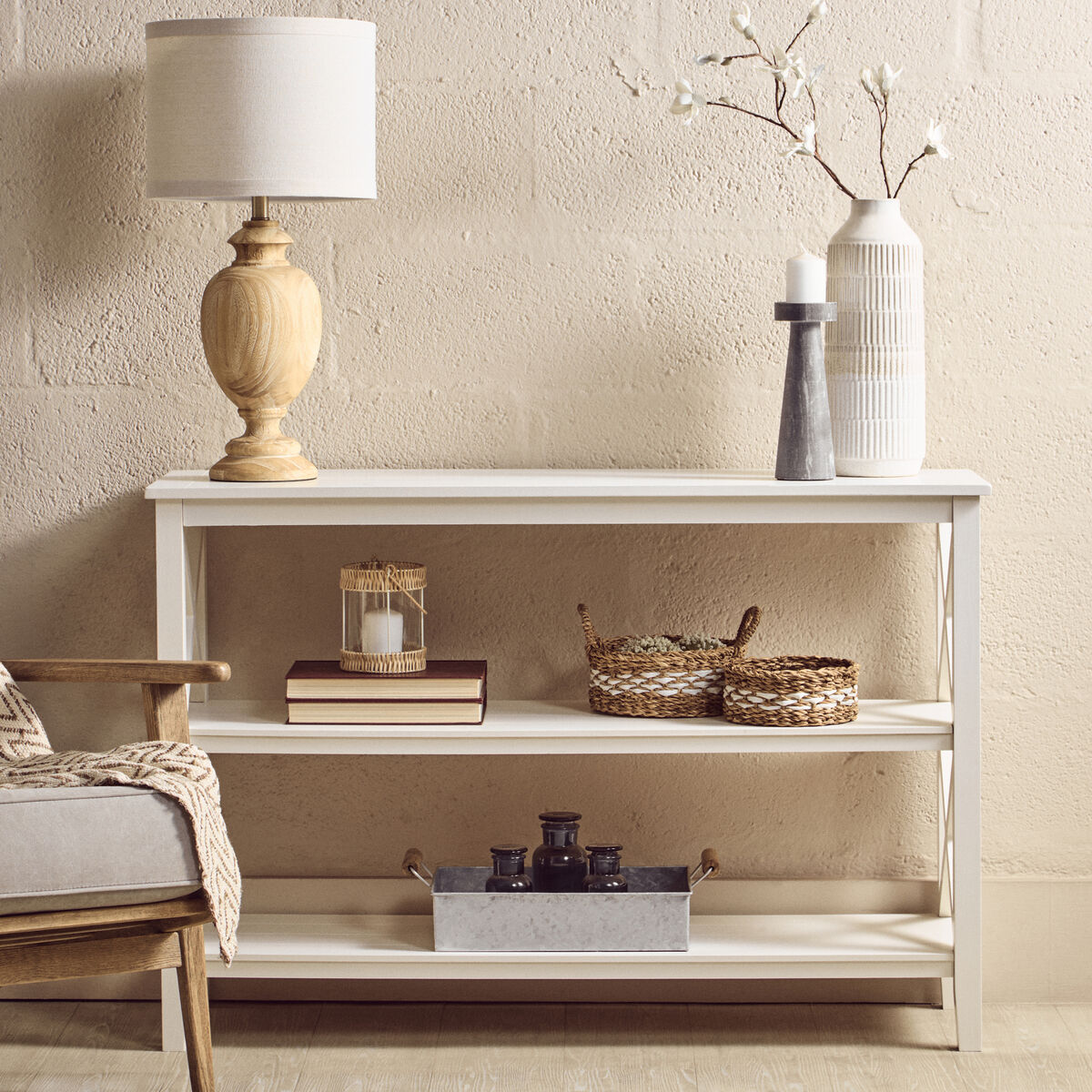 Orsina Heritage Large White Bookcase – 3-Shelf Tall Wooden Display Unit