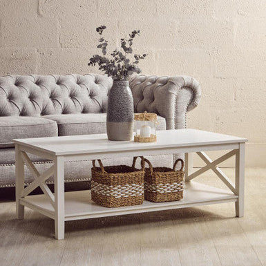 Orsina Heritage White Wooden Coffee Table with Shelf and X Frame