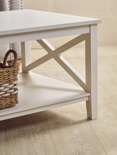 Orsina Heritage White Wooden Coffee Table with Shelf and X Frame