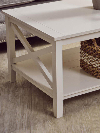 Orsina Heritage White Wooden Coffee Table with Shelf and X Frame