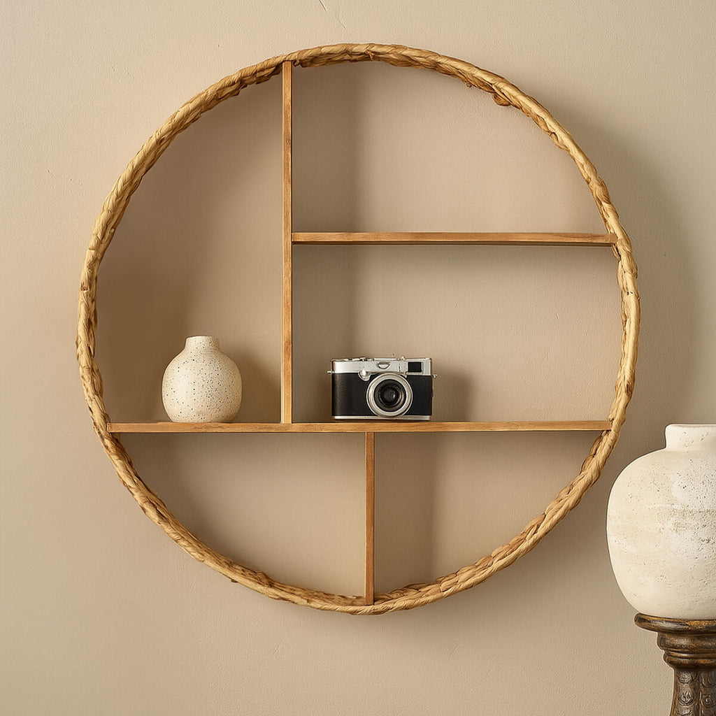 Orsina Arles Water Hyacinth Wall Shelf – Woven Metal Display Storage