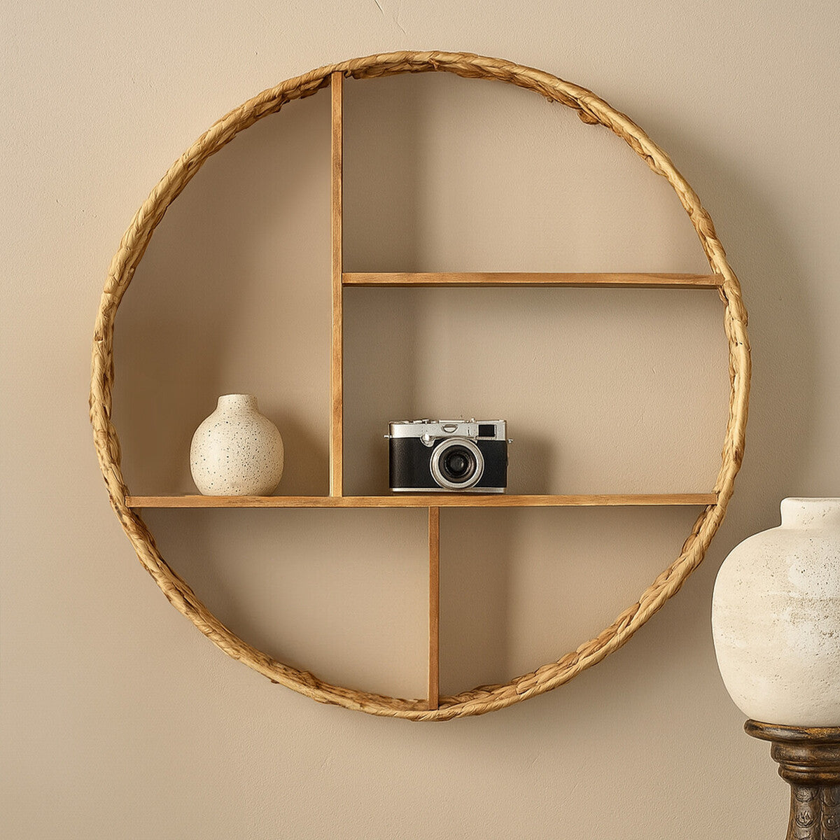 Orsina Arles Water Hyacinth Wall Shelf – Woven Metal Display Storage