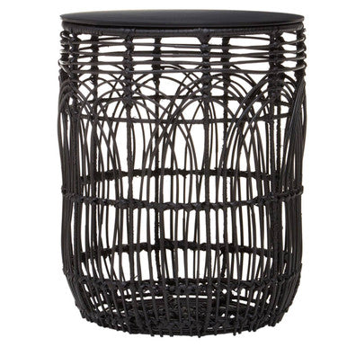 Orsina Arles Black Round Rattan Side Table – Woven Accent Stool