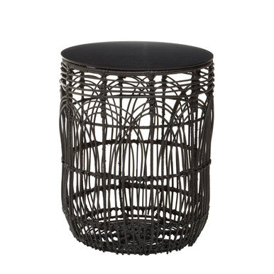 Orsina Arles Black Round Rattan Side Table – Woven Accent Stool