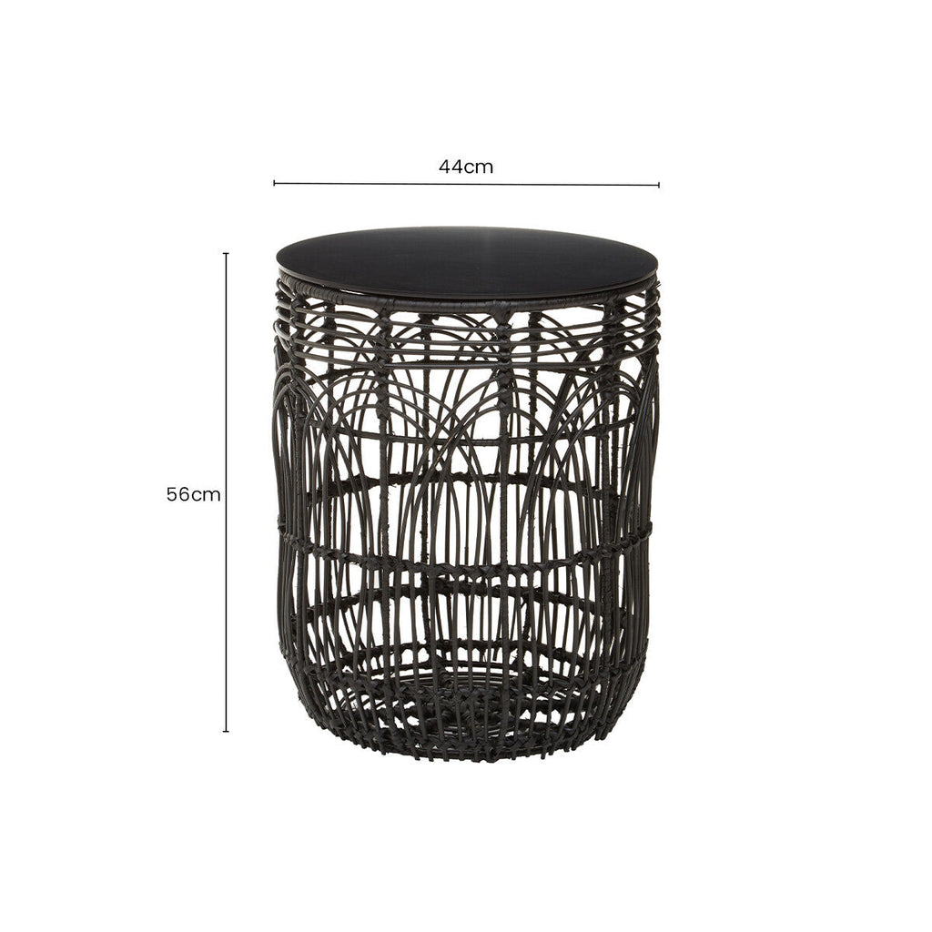 Orsina Arles Black Round Rattan Side Table – Woven Accent Stool