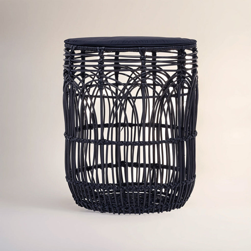 Orsina Arles Black Round Rattan Side Table – Woven Accent Stool