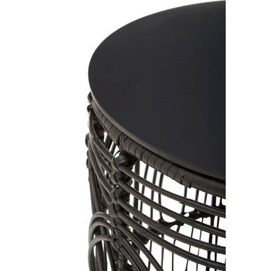 Orsina Arles Black Round Rattan Side Table – Woven Accent Stool
