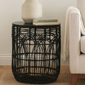 Orsina Arles Black Round Rattan Side Table – Woven Accent Stool
