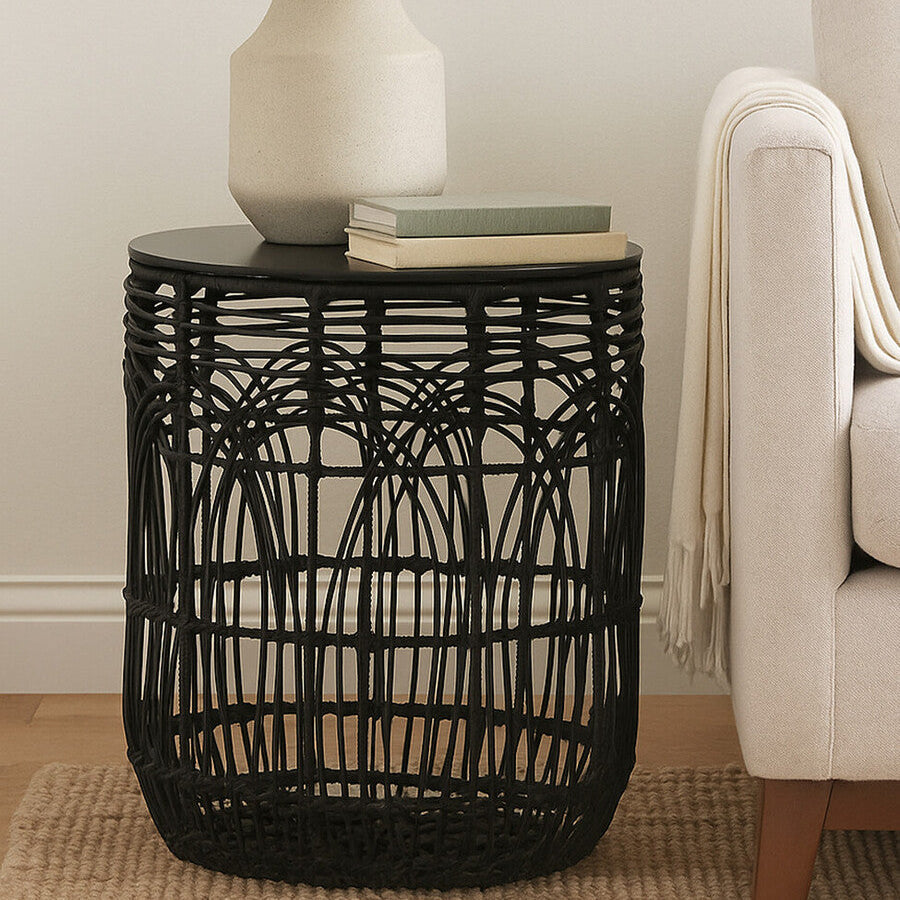 Orsina Arles Black Round Rattan Side Table – Woven Accent Stool