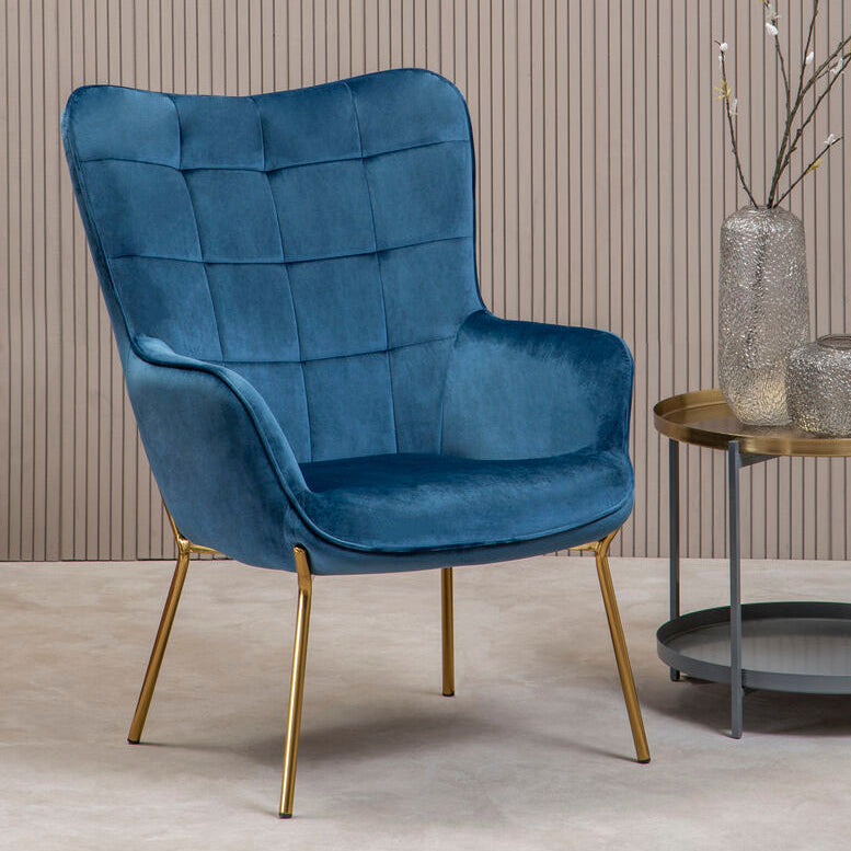 Orsina Stockholm Blue Velvet Accent Chair – Tufted Back with Gold Legs