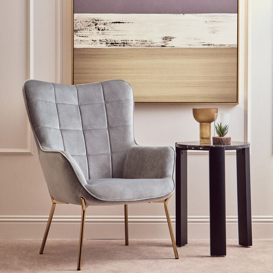Orsina Stockholm Grey Velvet Accent Chair – Tufted with Gold Legs
