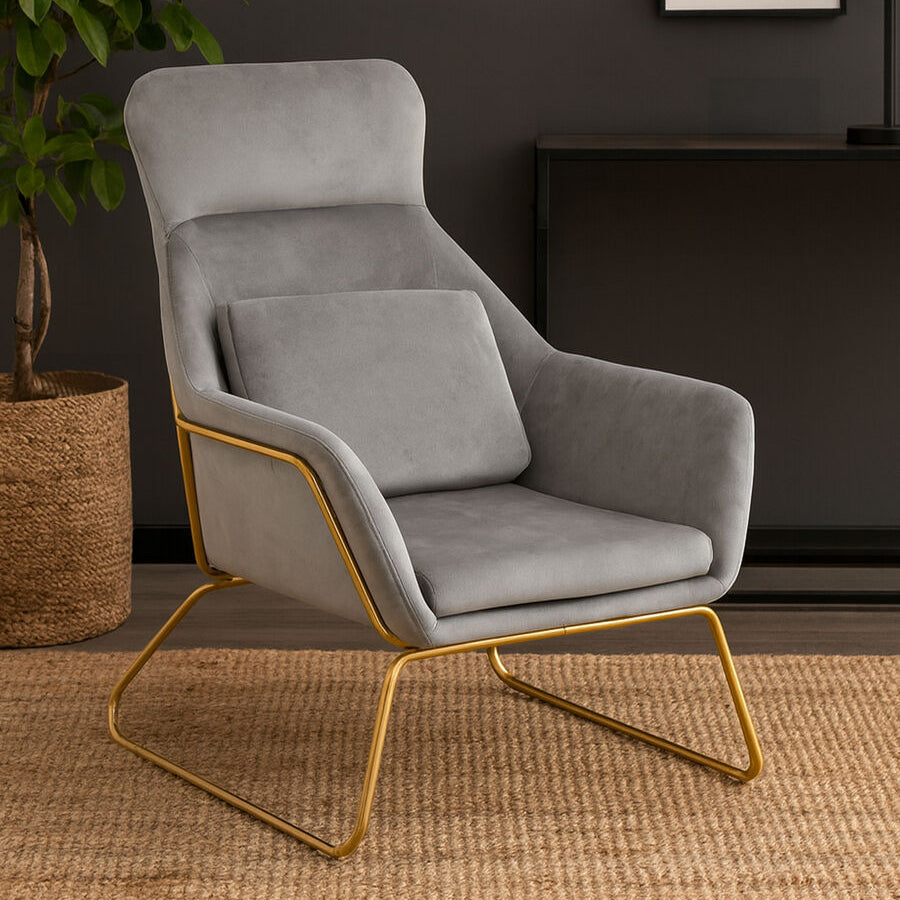 Orsina Stockholm Grey Velvet Armchair with Gold Base – Modern Accent Chair