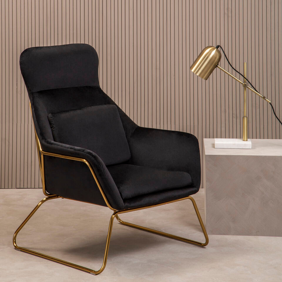 Orsina Stockholm Black Velvet Armchair | Modern Gold Metal Accent Chair