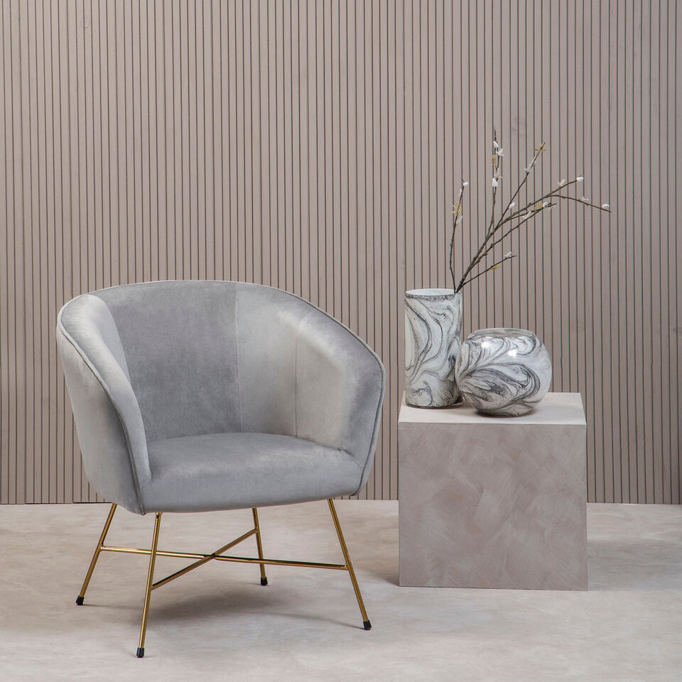 Orsina Stockholm Grey Velvet Curved Accent Chair with Gold Frame