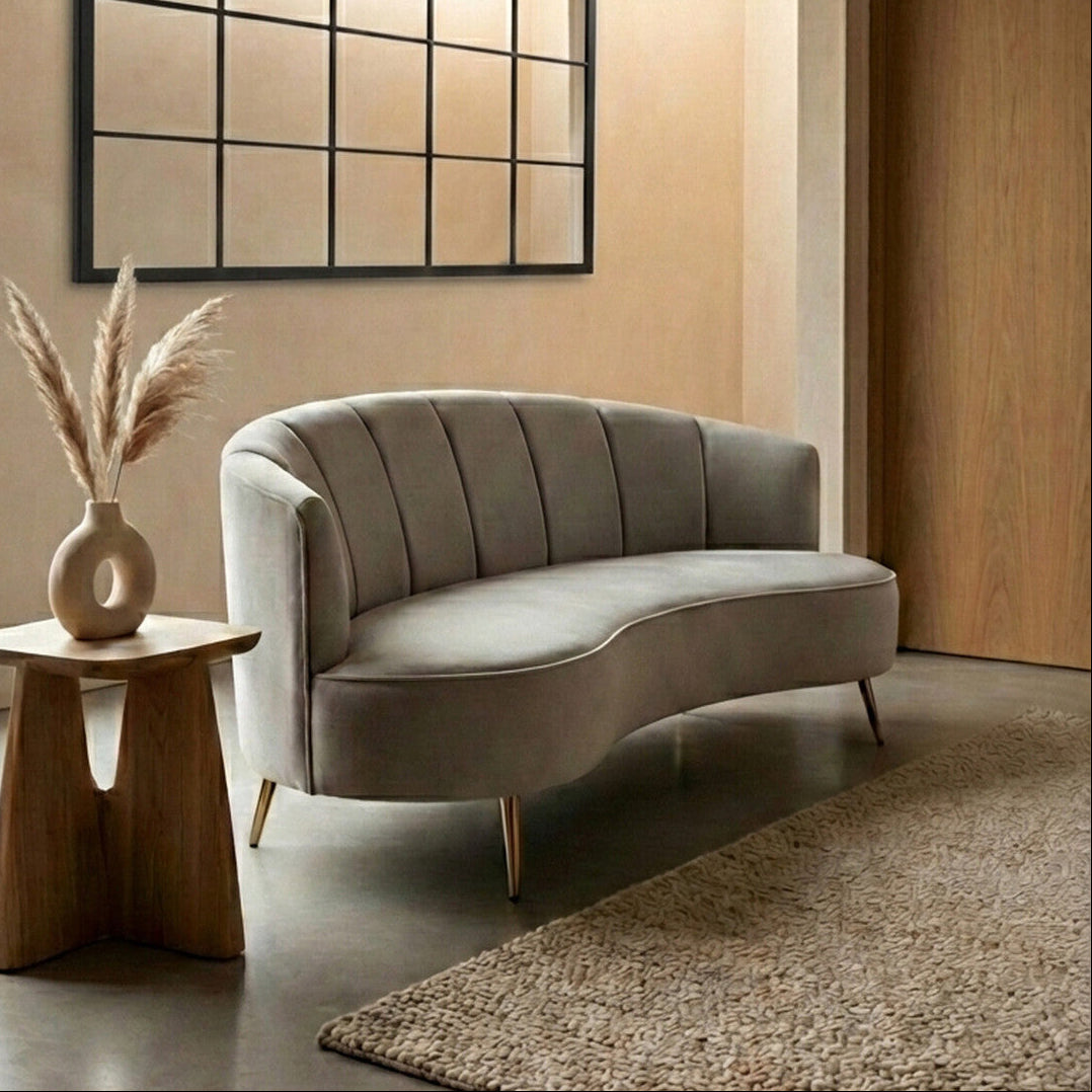 Orsina Hasna 3 Seater Grey Velvet Sofa | Modern Couch with Gold Legs