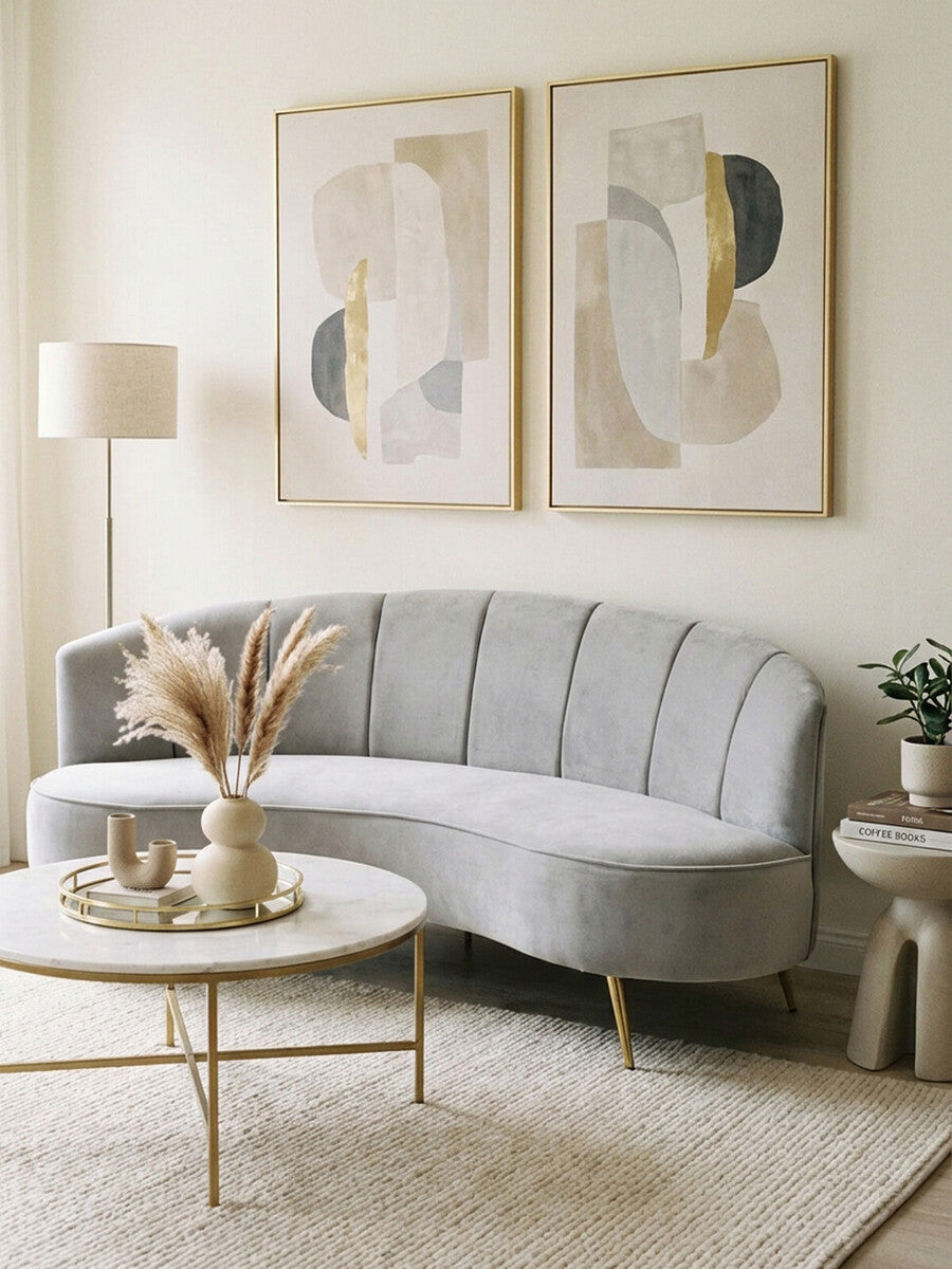 Orsina Hasna 3 Seater Grey Velvet Sofa | Modern Couch with Gold Legs