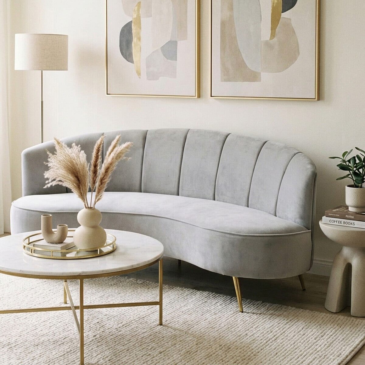 Orsina Hasna 3 Seater Grey Velvet Sofa | Modern Couch with Gold Legs