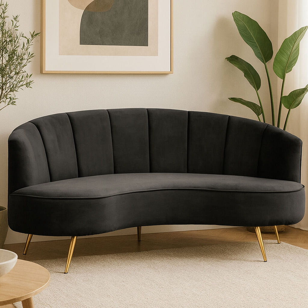 Orsina Hasna 3-Seater Black Velvet Sofa with Gold Legs | Modern Couch