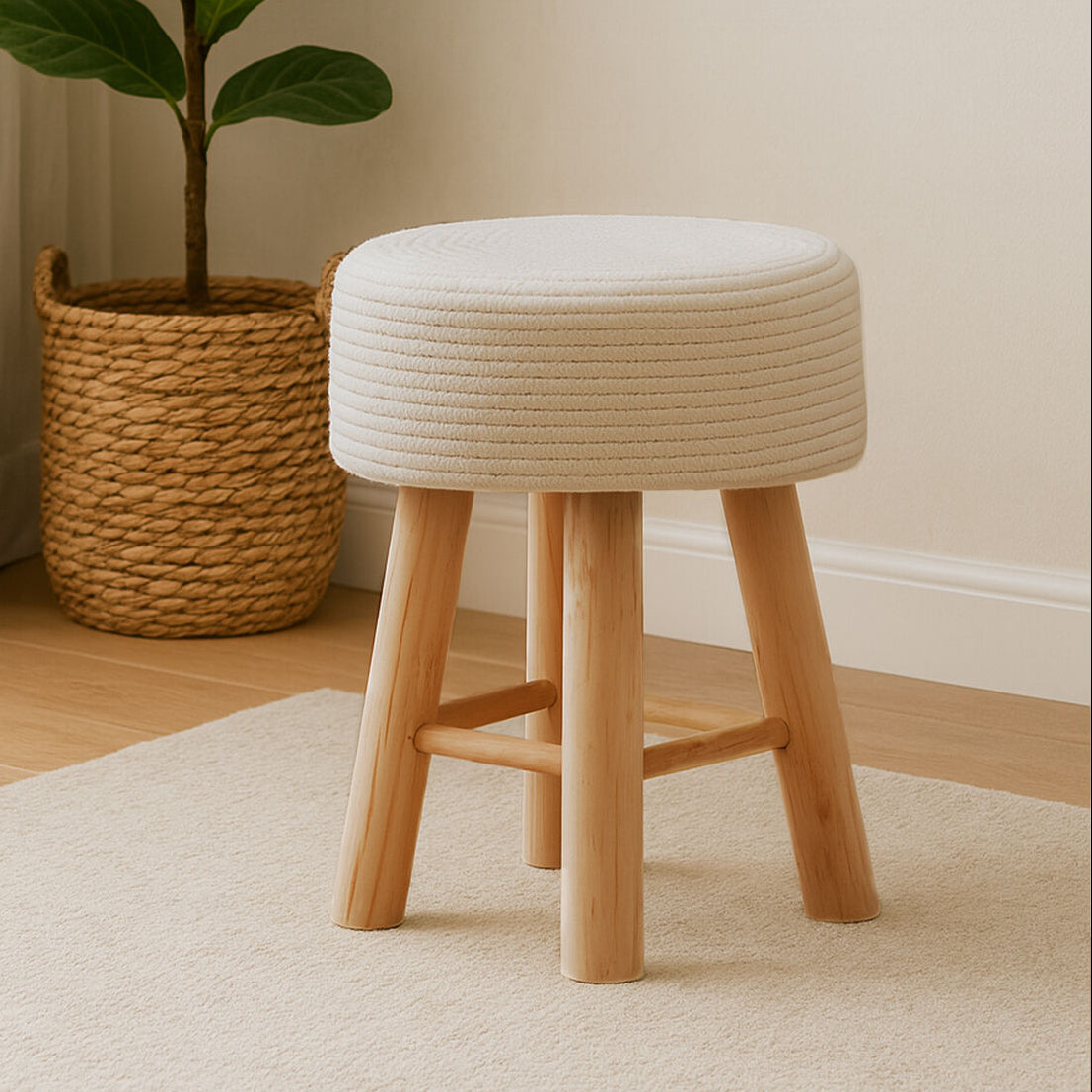 Orsina Lentigo White Cotton Rope Stool – Modern Woven Round Accent Seat