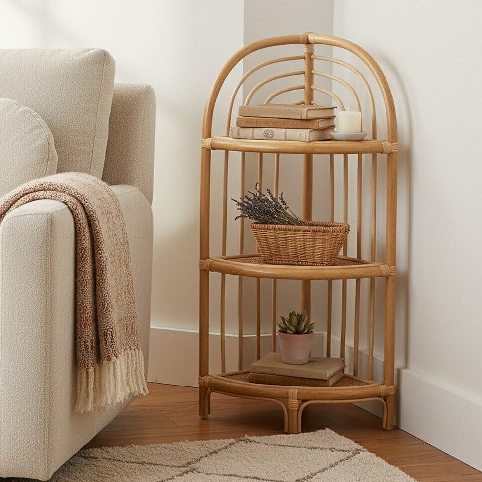 Orsina Mataram Natural Rattan Corner Shelf – 3-Tier Display Unit