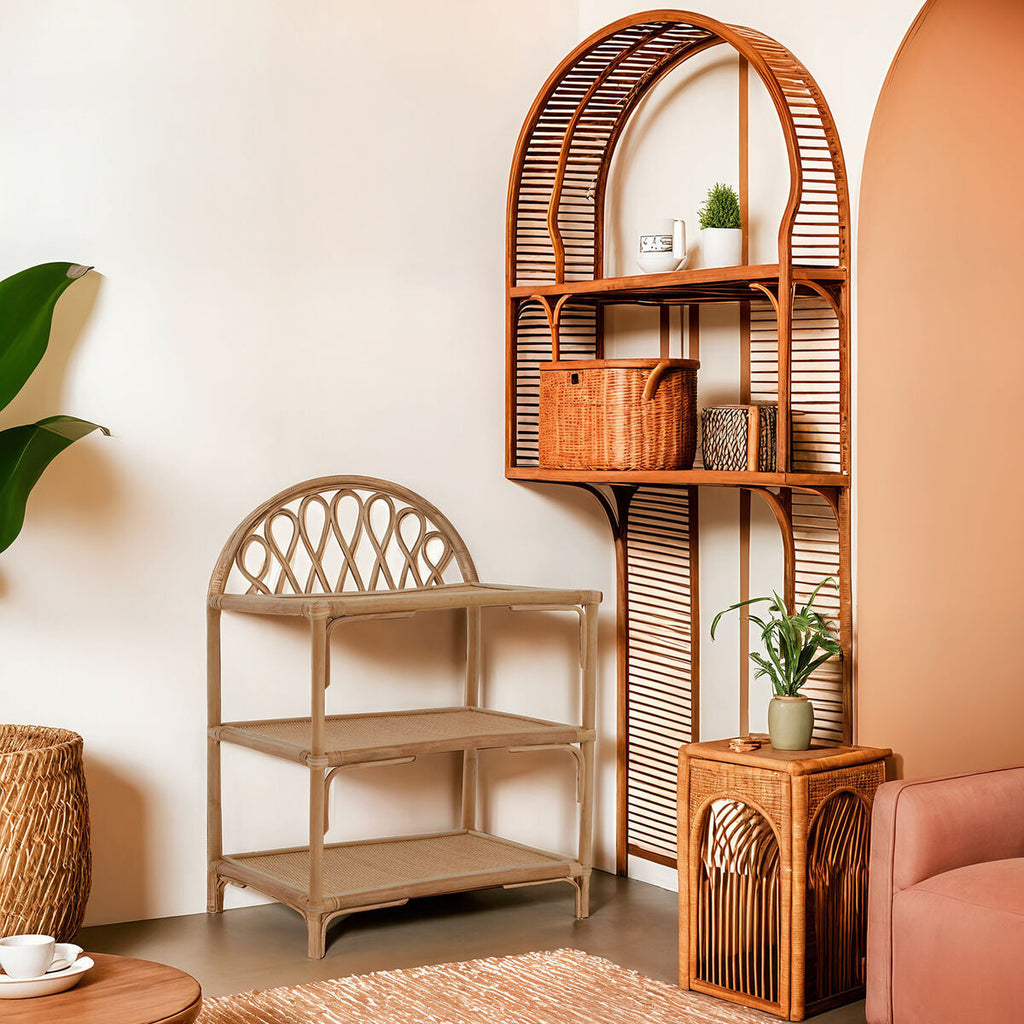 Orsina Mataram Three Tier Natural Rattan Shelf Unit | Boho Display Rack