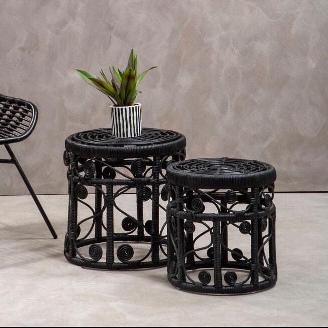 Orsina Mataram Black Rattan Nesting Tables – Set of 2 Woven Side Tables