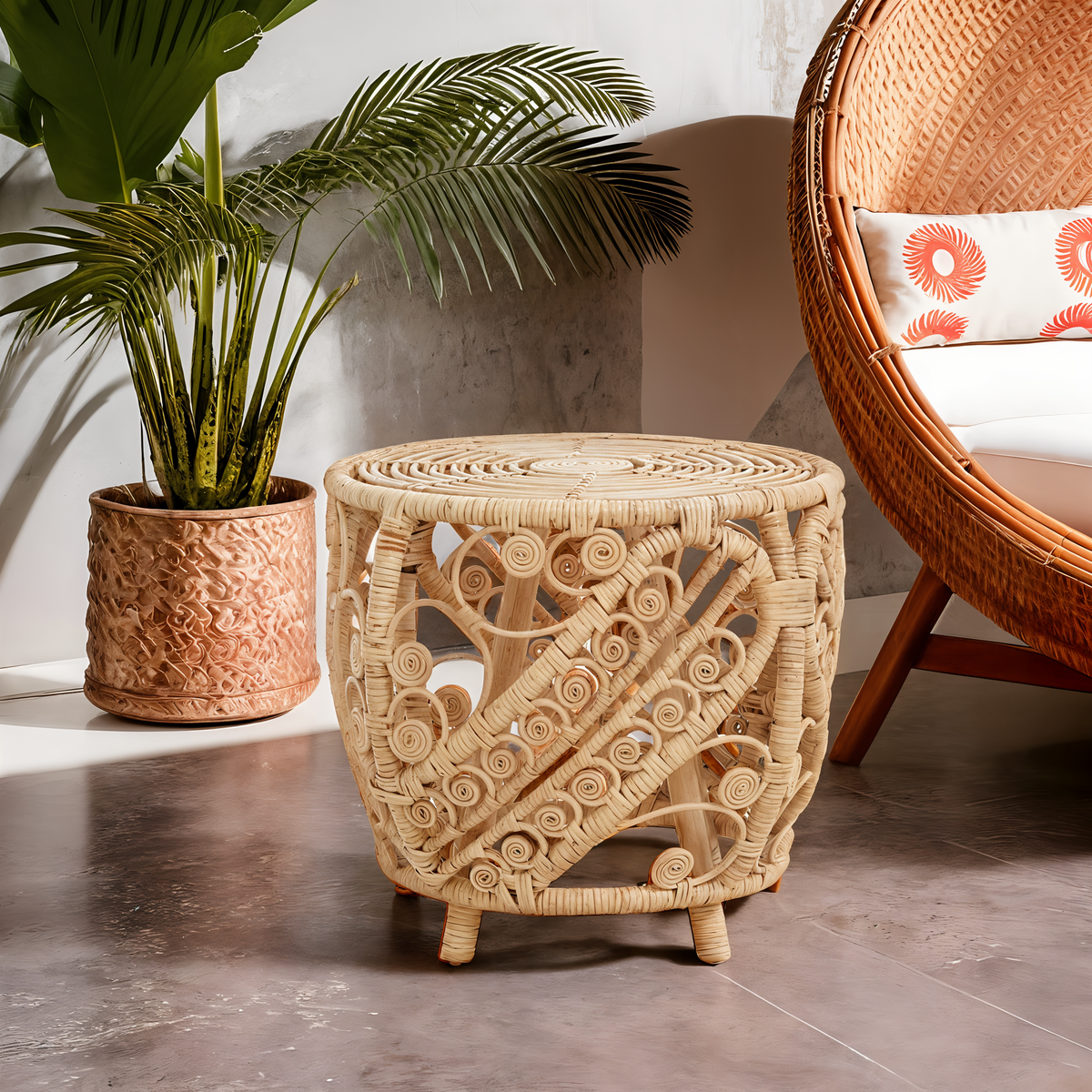 Orsina Mataram Large Natural Rattan Side Table with Scrolled Detail