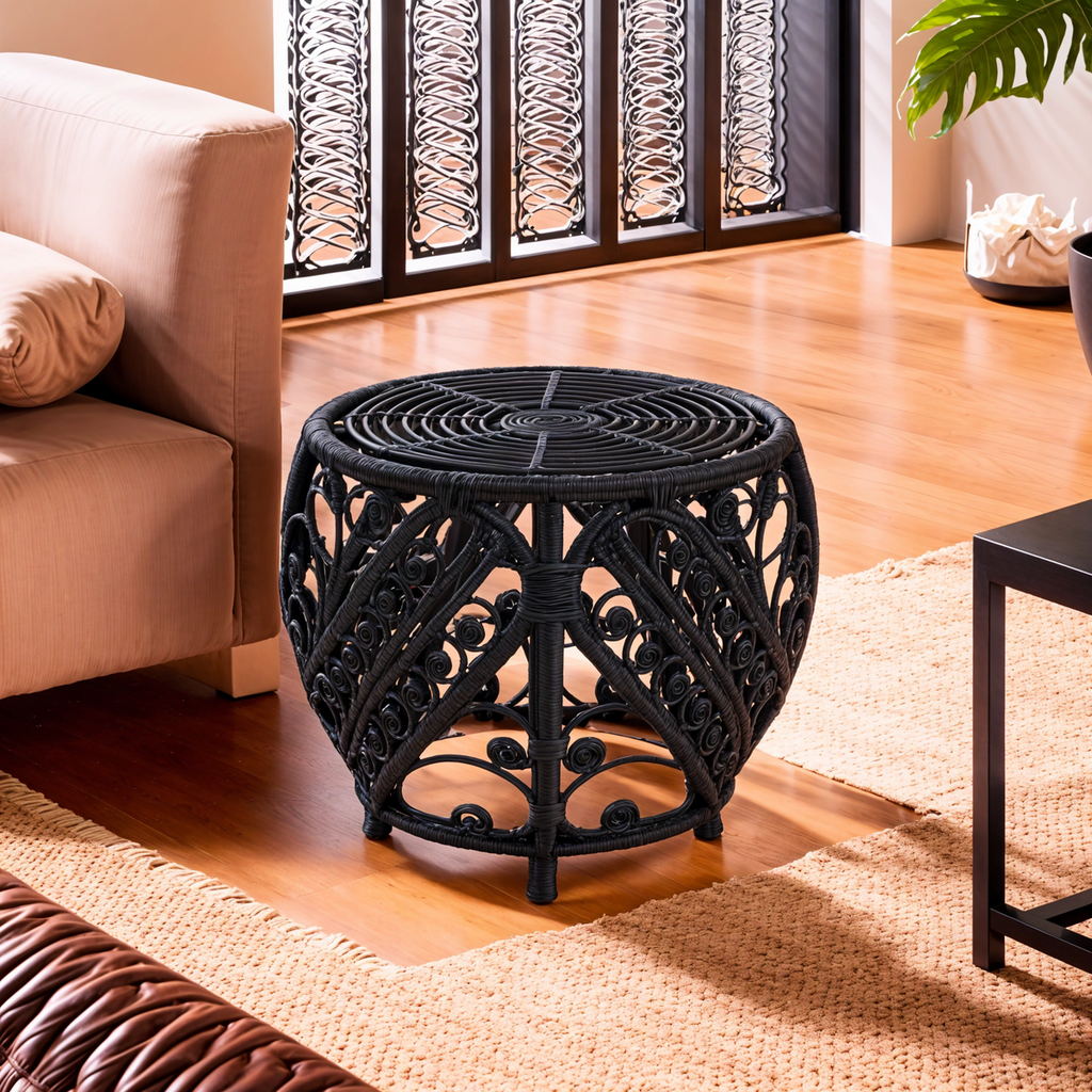 Orsina Mataram Black Natural Rattan Side Table – Handwoven Accent Table