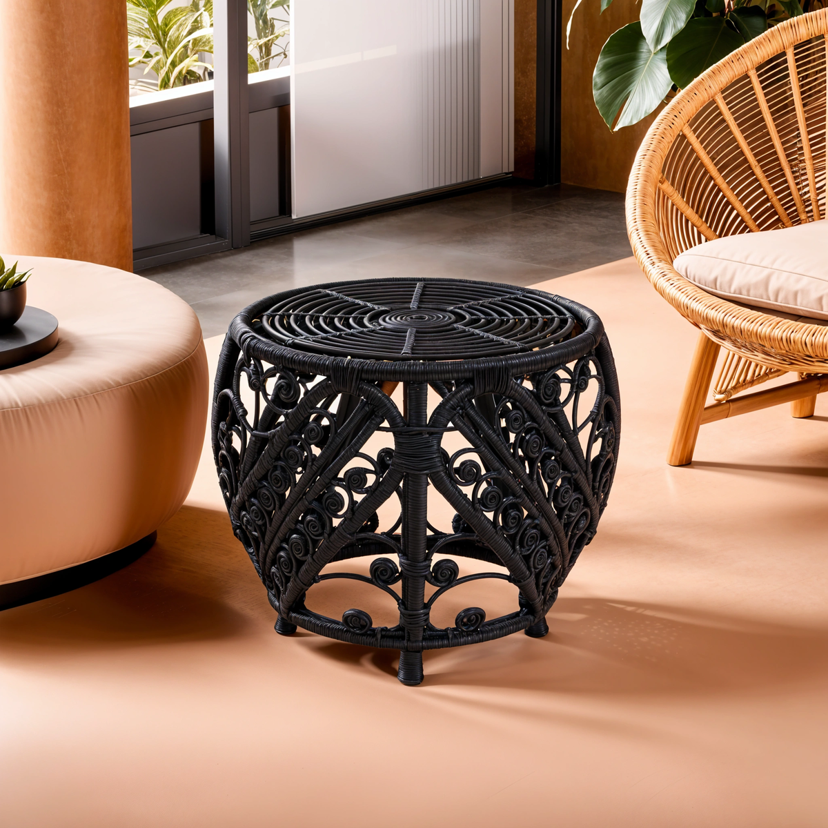 Orsina Mataram Black Natural Rattan Side Table – Handwoven Accent Table
