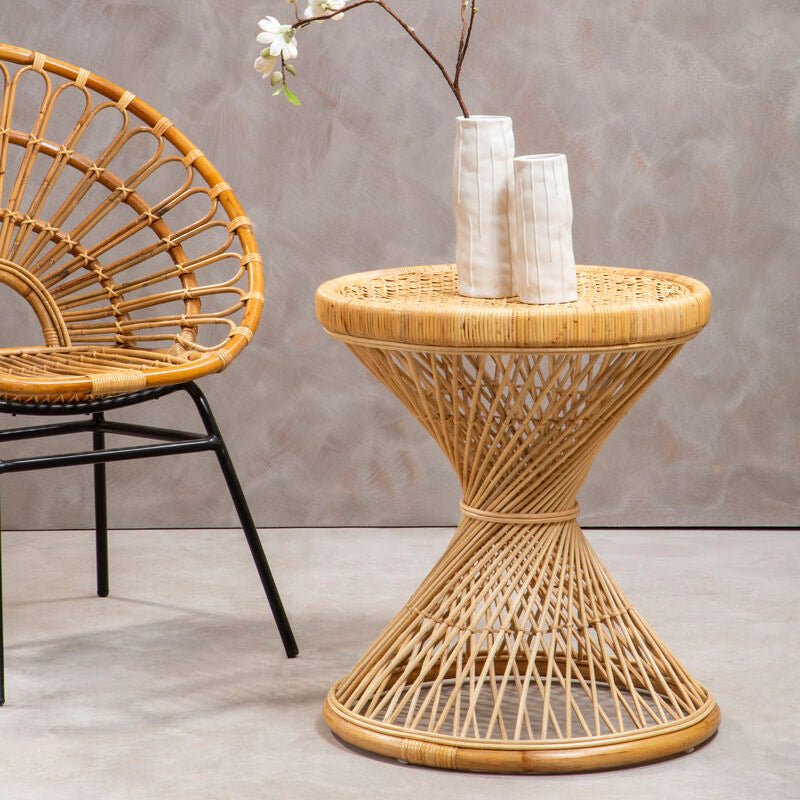 Orsina Mataram Rattan Side Table – Round Handwoven End Table with Twisted Base