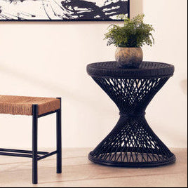 Orsina Mataram Black Rattan Side Table – Twisted Base Accent Table