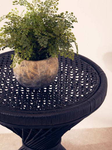 Orsina Mataram Black Rattan Side Table – Twisted Base Accent Table