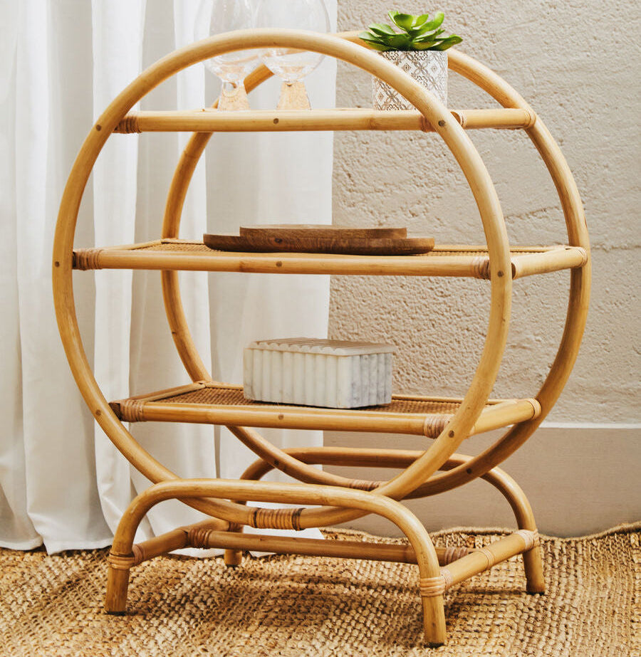 Orsina Mataram Three Tier Natural Rattan Round Shelf Display Unit