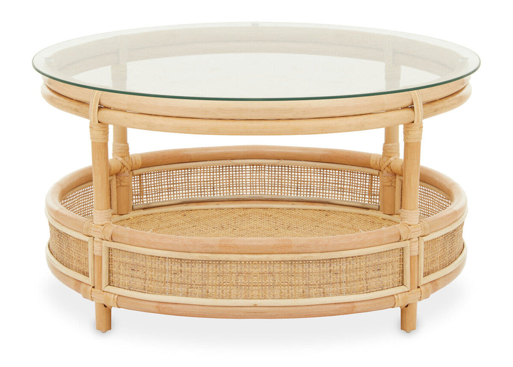 Orsina Mataram Round Rattan Coffee Table | 2-Tier Glass Top Table