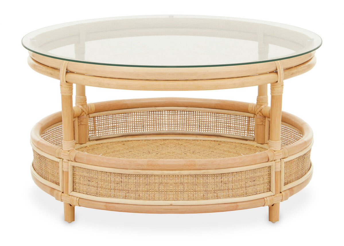 Orsina Mataram Round Rattan Coffee Table | 2-Tier Glass Top Table