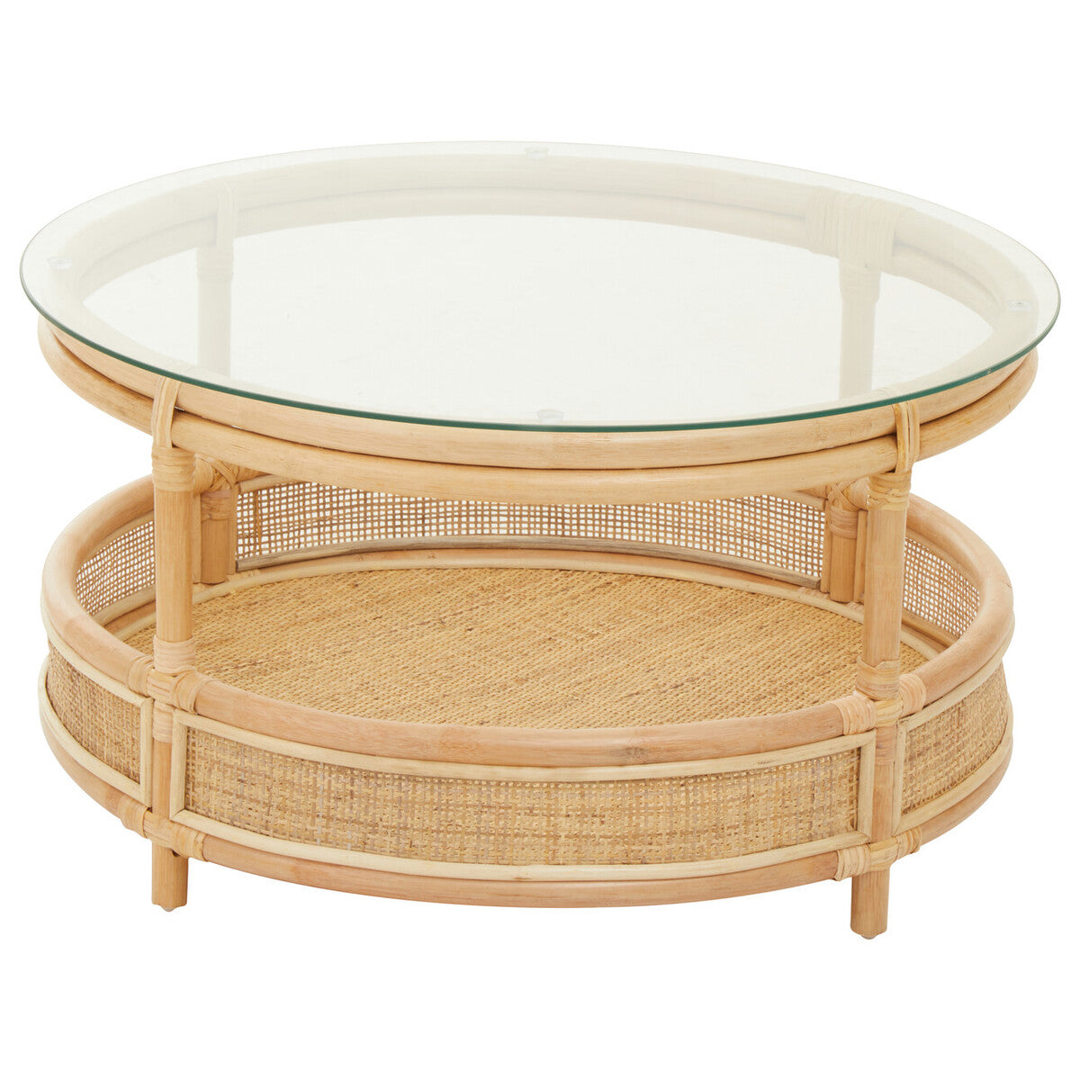 Orsina Mataram Round Rattan Coffee Table | 2-Tier Glass Top Table