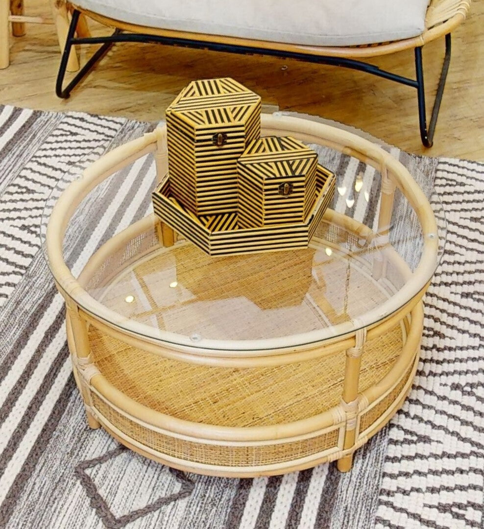 Orsina Mataram Round Rattan Coffee Table | 2-Tier Glass Top Table