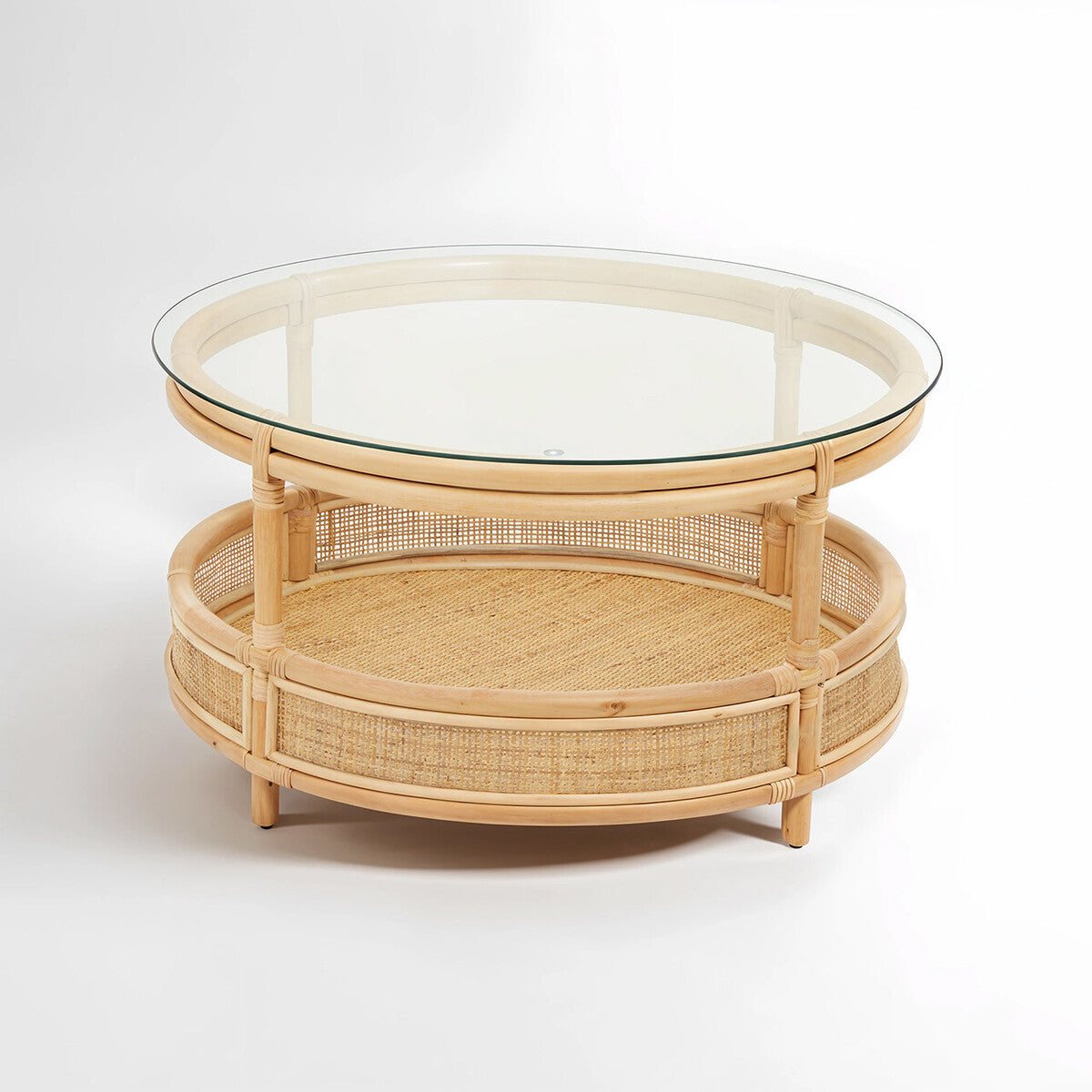 Orsina Mataram Round Rattan Coffee Table | 2-Tier Glass Top Table