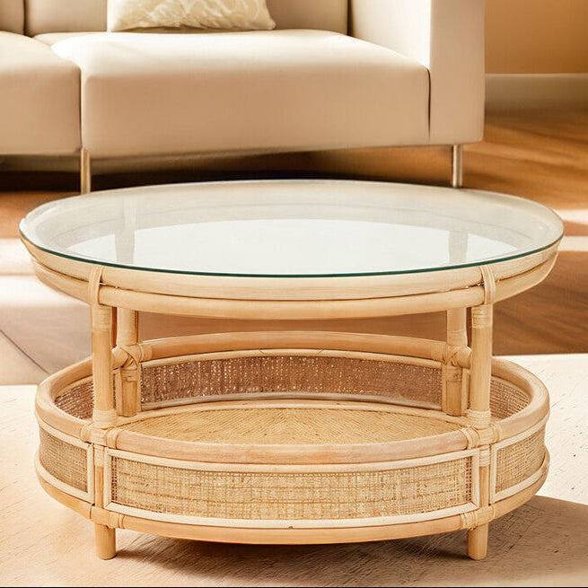 Orsina Mataram Round Rattan Coffee Table | 2-Tier Glass Top Table