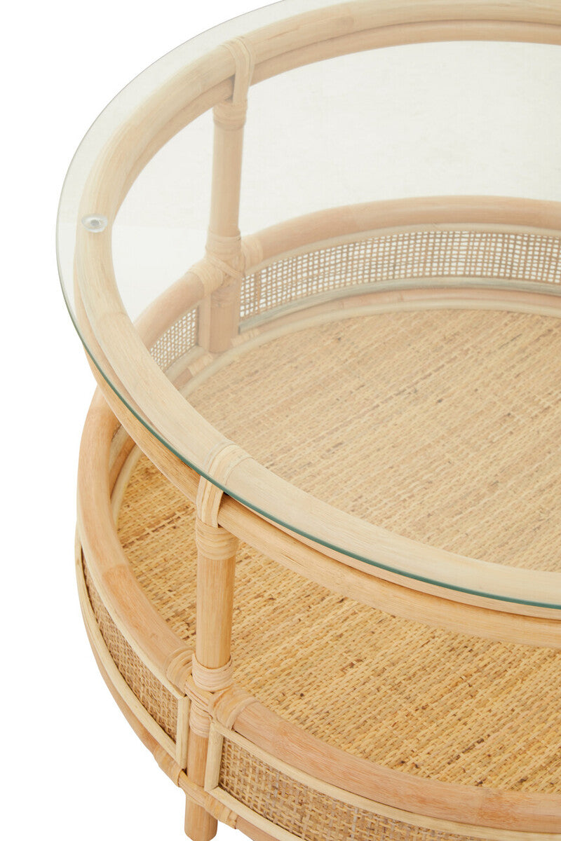Orsina Mataram Round Rattan Coffee Table | 2-Tier Glass Top Table