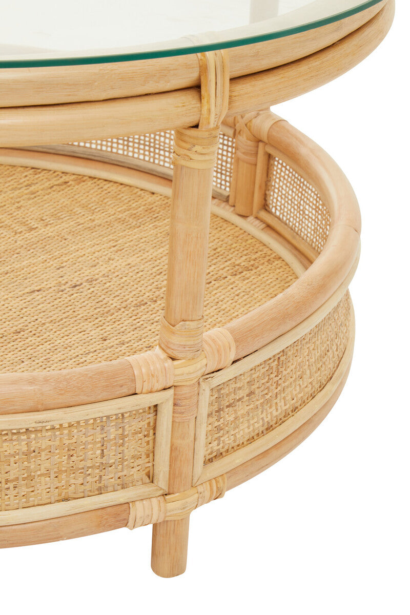 Orsina Mataram Round Rattan Coffee Table | 2-Tier Glass Top Table