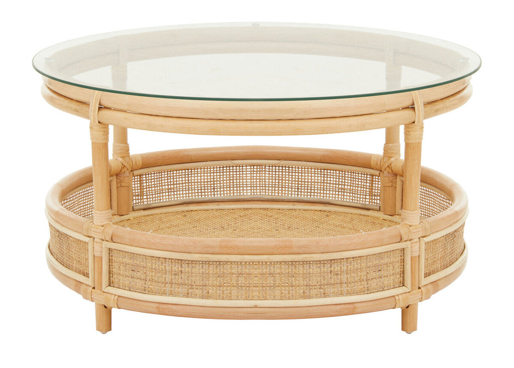 Orsina Mataram Round Rattan Coffee Table | 2-Tier Glass Top Table