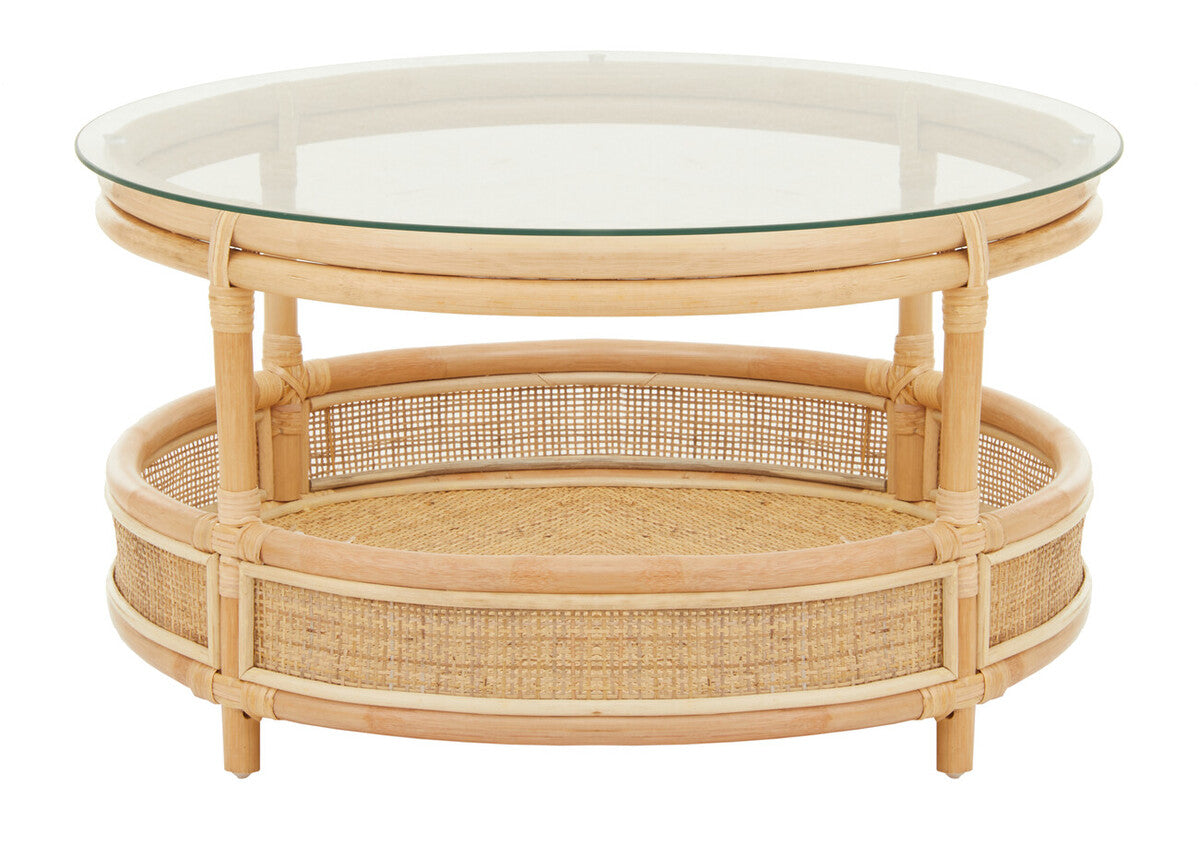 Orsina Mataram Round Rattan Coffee Table | 2-Tier Glass Top Table
