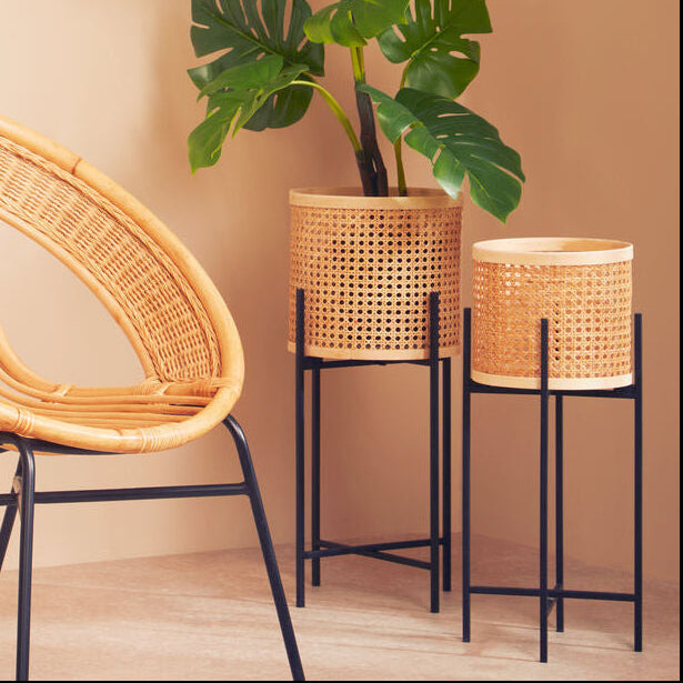 Orsina Depok Large Rattan Planter with Modern Black Metal Stand